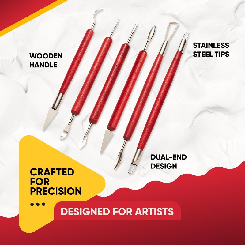 Wood Chisel Set - 6本セットの粘土加工用具。木製のハンドルが付いた陶芸用具セット。ワックス彫刻、成形、平滑化、シェイピングに使用。陶芸用粘土、セラミック用具。