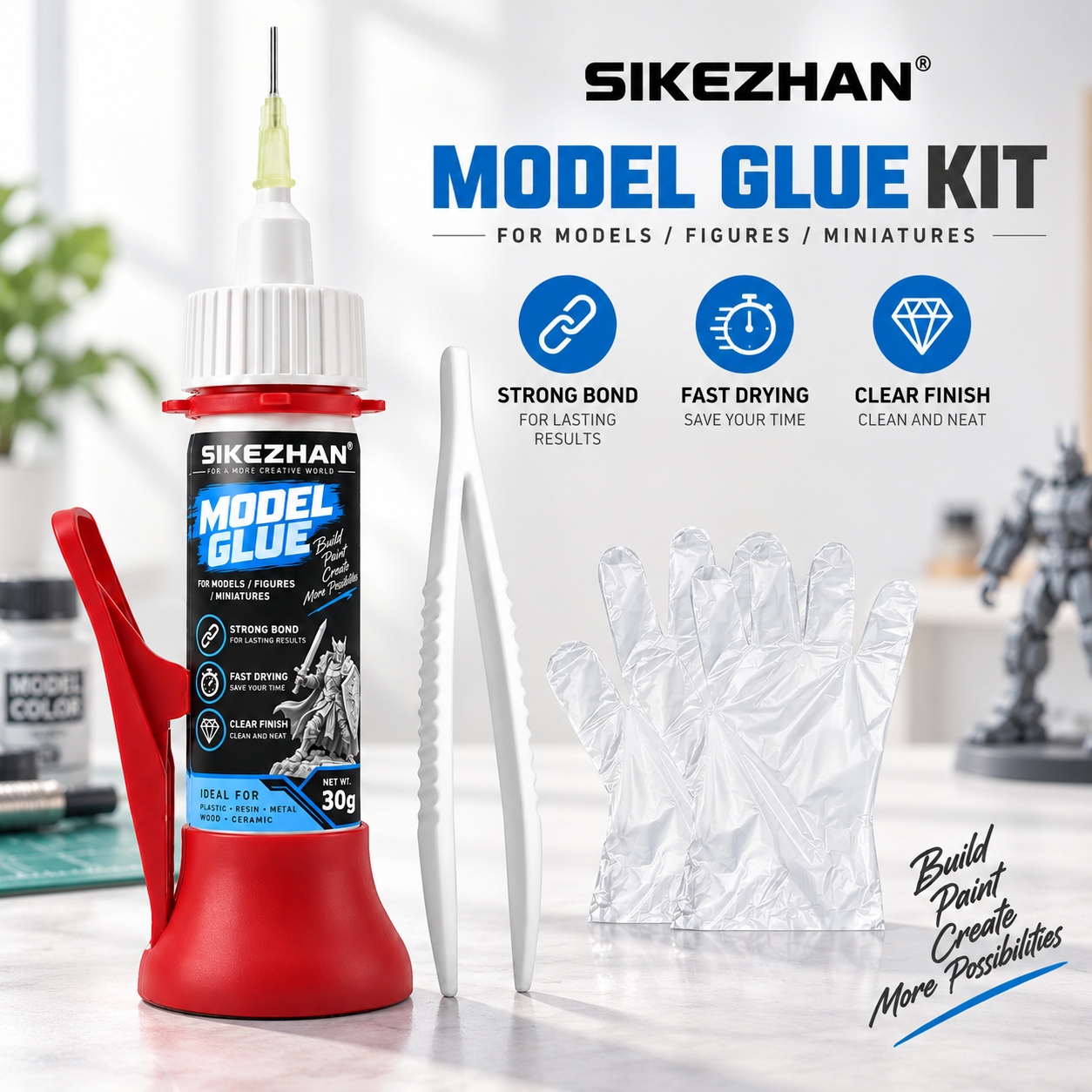 Woodworking Glue - SIKEZHAN モデル用接着剤 30g。精密な針状の接着剤と、ミニチュアフィギュア、プラスチック、樹脂、金属、木材などに使用できるピンセットと手袋がセットになったキット。
