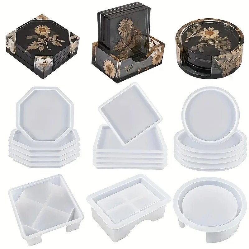 Woodworking Resin - コースター樹脂モールドセットには、コースター収納ボックスモールド1個、エポキシ樹脂用シリコーン樹脂コースターモールド4個が含まれます。