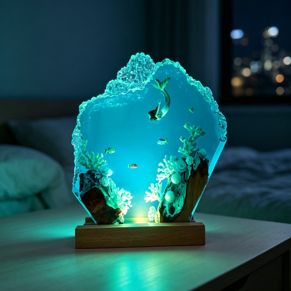 深海人魚エポキシ彫刻オーナメント無垢材樹脂発光ホームデコレー - Woodworking Resin のレビューと価格